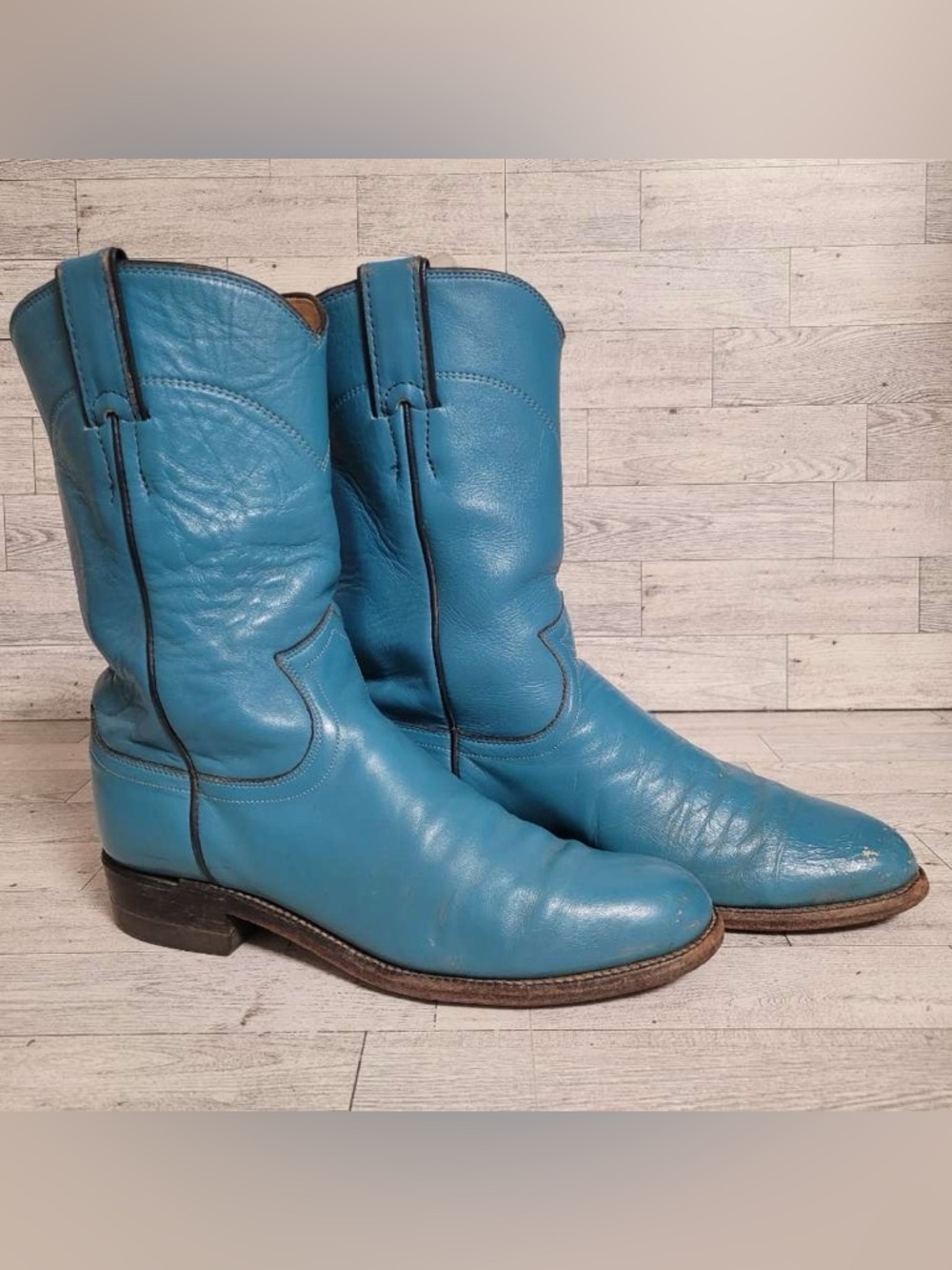Vintage 90's Justin Western Blue Leather Rodeo Roper Cowboy Boots Women’s 7